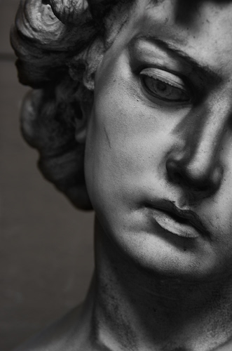 Immagine con naso, bocca, statua, labbra, occhio, viso, bianconero, volto, occhi, capelli, collo, ritratto, donna, scultura, marmo, ombre