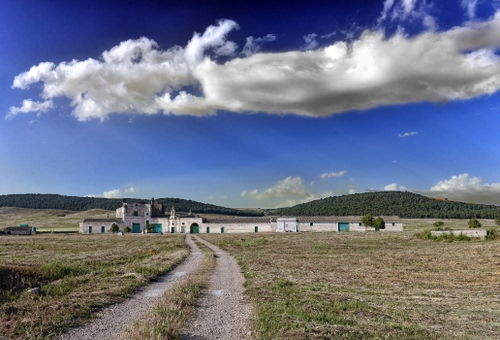 Immagine con nuvole, strada, cielo, colline, erba, campagna, fattoria, cascina, bianco, azzurro, sterrata, verde, panorama, montagne, sentiero, paesaggio, masseria, prato, case