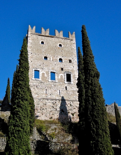 Immagine con torre, merli, finestre, alberi, castello, cielo, verde, cipressi