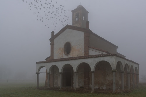 Immagine con chiesa, nebbia, colonne, campanile, archi, uccelli, cielo, portico, stormo, foschia