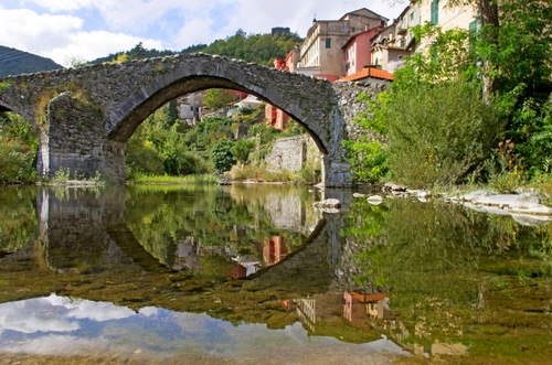 Immagine con ponte, fiume, riflesso, riflessi, arco, acqua, case, alberi, borgo