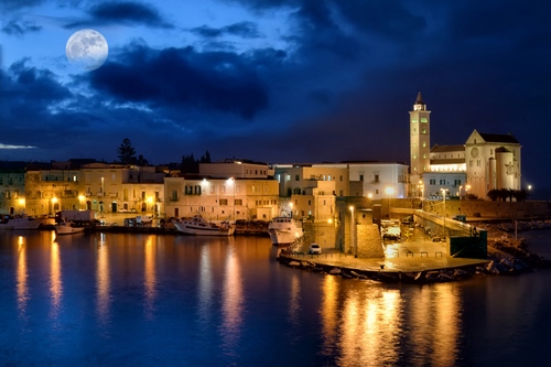 Immagine con luna, riflessi, mare, luci, chiesa, notturno, campanile, porto
