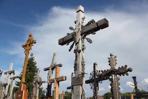 Immagine con croci, cielo, nuvole, cimitero, legno, crocifissi, croce