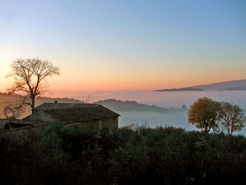 Immagine con nebbia, alberi, panorama, alba, casa, paesaggio, cielo, tetto, campagna, case, tramonto