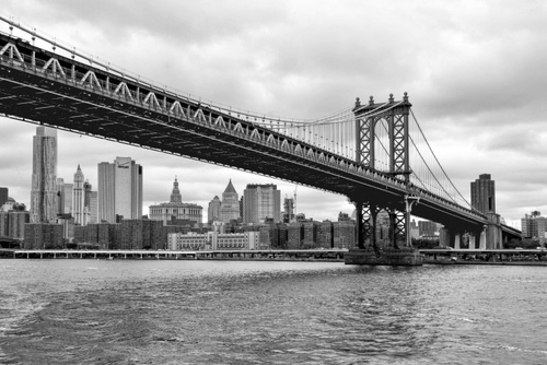 Immagine con ponte, grattacieli, bianconero, fiume, acqua, città, america