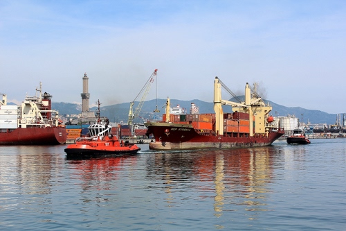 Immagine con porto, faro, mare, navi, rimorchiatore, acqua, nave, barche, cielo, genova, gru
