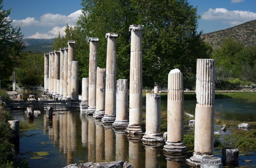 Immagine con colonne, acqua, alberi, riflessi, ruderi, riflesso, verde, archeologia, cielo, rovine