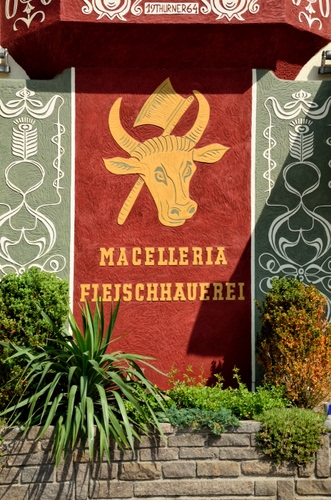 Immagine con insegna, piante, verde, toro, rosso, giallo, corna, macelleria, muro, foglie, testa, ascia, disegni, mattoni, scure, scritta, animale, negozio