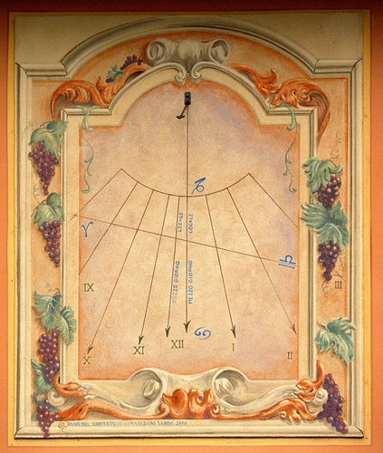 Immagine con meridiana, uva, numeri, disegno, ore, frecce, foglie, linee