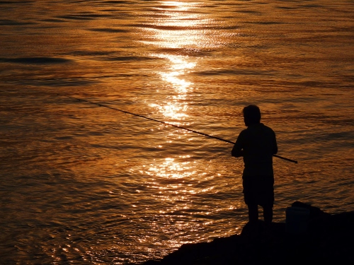 Immagine con pescatore, mare, canna, riflesso, acqua, tramonto, controluce, pesca, riflessi, sole, oro, pescare, alba