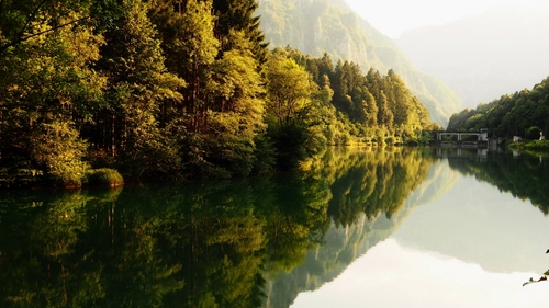Immagine con alberi, acqua, riflesso, fiume, verde, lago, riflessi, montagne