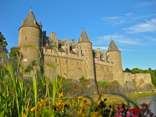 Immagine con castello, torri, cielo, erba, verde, fiori, abbaini, foglie, piante