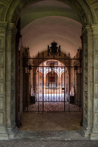 Immagine con cancello, stemma, colonne, arco, ingresso, cortile, pozzo, palazzo