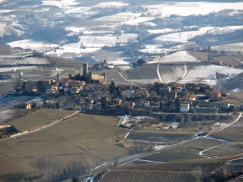 Immagine con panorama, neve, castello, case, campi, paese, inverno, borgo, prati, paesaggio, vigneti, strade