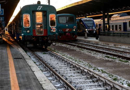 Immagine con stazione, binari, treni, pensiline, treno, striscia, rotaie, traversine, marciapiede, locomotore, locomotiva, pensilina, riflessi, finestrini
