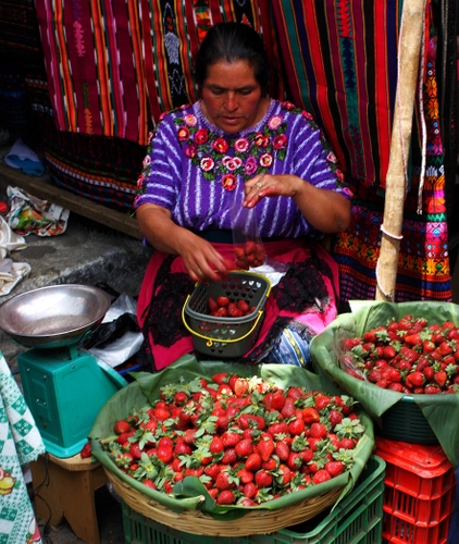 Immagine con fragole, bilancia, donna, mani, frutta, mercato, cesti, rosso, ceste