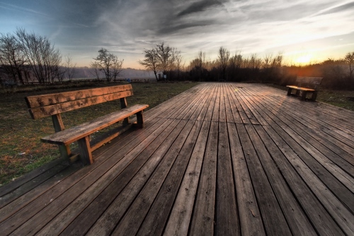 Immagine con legno, panchine, alberi, panchina, tramonto, nuvole, righe, assi, cielo, controluce, prospettiva