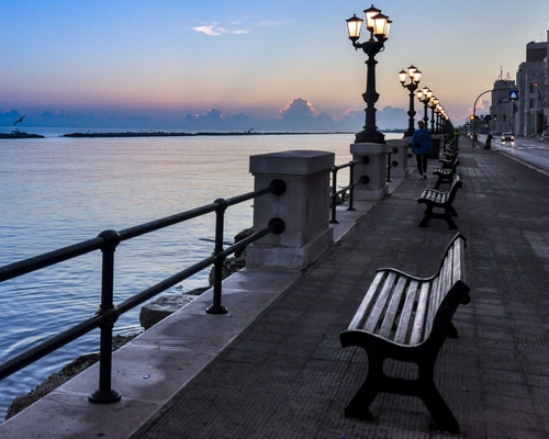 Immagine con lampioni, panchine, mare, lungomare, ringhiera, acqua, panchina, alba, cielo, luci