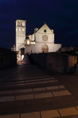 Immagine con chiesa, campanile, basilica, luce, notte, strada, rosone, facciata, assisi, notturno