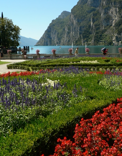 Immagine con lago, fiori, giardino, aiuole, montagne, acqua, parco, verde, rosso, aiuola