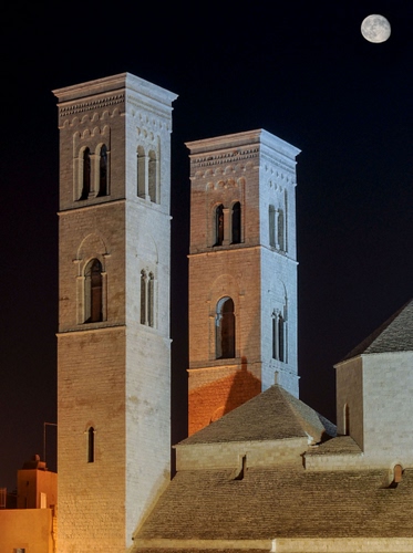 Immagine con luna, torri, due, notte, finestre, notturno, campanili