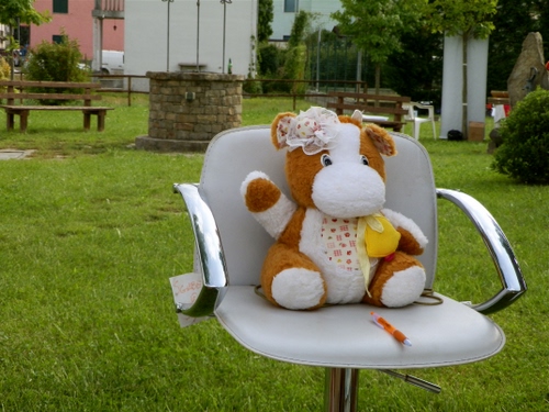 Immagine con sedia, pozzo, erba, prato, giardino, pupazzo, panchina, verde, peluche, panchine, mucca, giocattolo, colonne, alberi