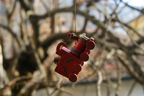 Immagine con giocattolo, rosso, legno, ruote, locomotiva, trenino, treno, rami, appeso, filo, sfocato