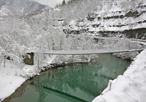 Immagine con neve, inverno, fiume, ponte, alberi, bianco