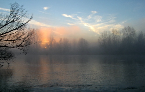 Immagine con alba, acqua, nuvole, lago, alberi, cielo, nebbia, rami, tramonto, sole, azzurro, fiume, riflessi, foschia, albero, arancione