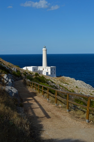 Immagine con faro, mare, sentiero, staccionata, bianco, cielo, blu, erba, rocce, strada, finestre, azzurro, steccato, lanterna, acqua, nuvole, ombre, sassi, ombra, edificio