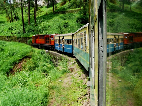Immagine con treno, riflesso, vagoni, verde, prato, rosso, alberi
