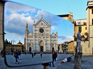 chiesa, specchio, riflesso, piazza, persone, fotografo, firenze, nuvole, cielo