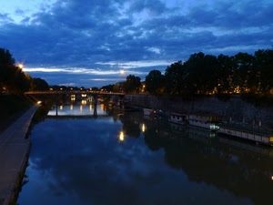 fiume, ponte, luci, acqua, nuvole, alberi, riflesso, riflessi, notturno, blu, cielo, notte, sera, paesaggio