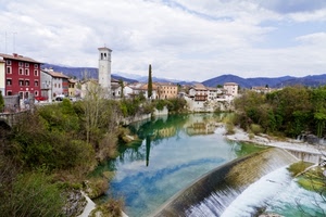 fiume, campanile, alberi, riflesso, cascata, acqua, panorama, nuvole, case, cielo, paese, verde, riflessi