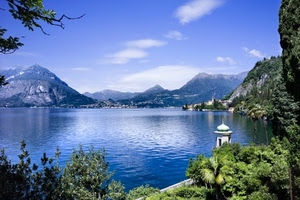 lago, montagne, panorama, azzurro, acqua, cielo, alberi, verde, montagna, campanile