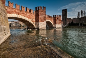 fiume, ponte, merli, acqua, archi, castello, medioevo