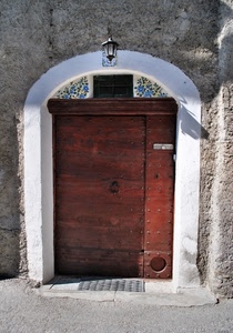 porta, arco, legno, batacchio, lampione, portone, bianco, fiori, lampada, decori