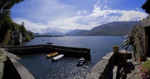barche, lago, porto, nuvole, panorama, montagne, montagna, acqua, azzurro