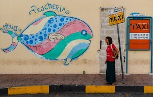 pesce, donna, giallo, murales, nero, rosso, cartelli, murale, marciapiedi, muro, azzurro, taxi, marciapiede, fermata, cartello, insegna, attesa, colori, strisce, rosa