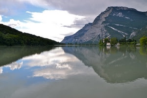lago, montagna, riflesso, acqua, nuvole, castello, verde, panorama, cielo