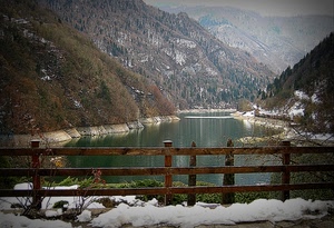 neve, lago, inverno, staccionata, acqua, montagna, montagne, fiume