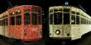 tram, rosso, luci, due, notte, verde, bianco