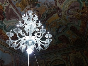 soffitto, lampadario, affreschi, lampadine, luci, vetro, bianco, cristallo, luce, bracci, murano