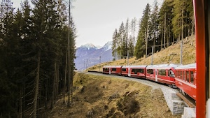 rosso, treno, alberi, vagoni, montagna, ferrovia, finestrini, bosco, montagne, curva, pali, viaggio, verde, conifere, abeti, trenino