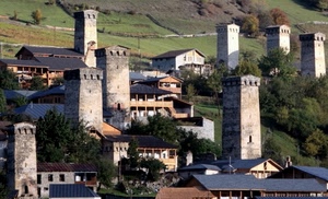 torri, case, prati, paese, tetti, verde, alberi, collina, montagna, panorama