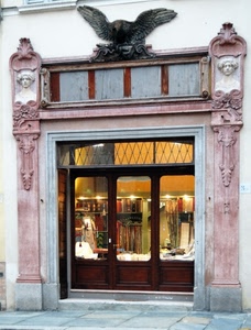 vetrina, aquila, negozio, liberty, porta, rosa, luci, luce