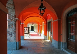 lampione, archi, portici, portico, rosso, arancione, porte, negozi, volte, prospettiva