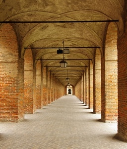lampioni, archi, mattoni, portico, prospettiva, portici, colonne, pilastri, volte