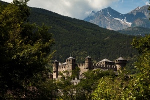 castello, alberi, torri, montagne, montagna, verde, merli, neve, bosco