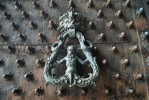 porta, metallo, portone, batacchio, ferro, chiodi, anello, verde, mascherone